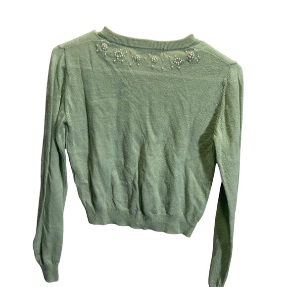 Zara S Green Pearl-Embellished Sweater V-Neck Lightweight Knit - Picture 4 of 4
